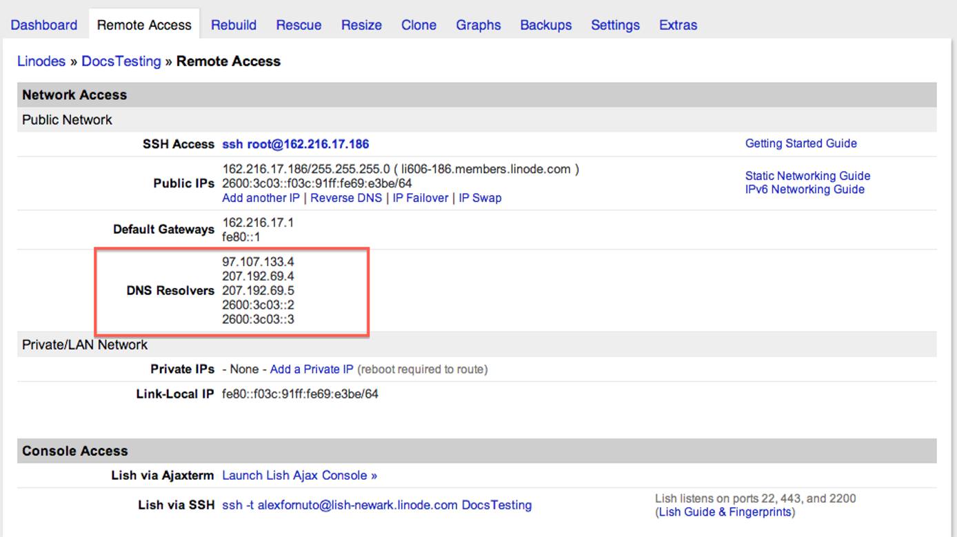 DNS resolvers in the Linode Manager. DNS resolvers in the Linode Manager.