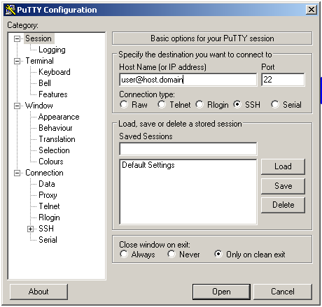 PuTTY main window. PuTTY main window.