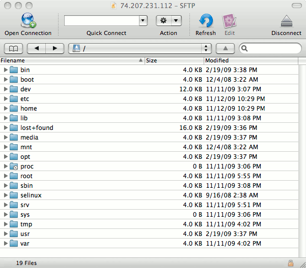 The root filesystem on a remote server in Cyberduck on Mac OS X. The root filesystem on a remote server in Cyberduck on Mac OS X.