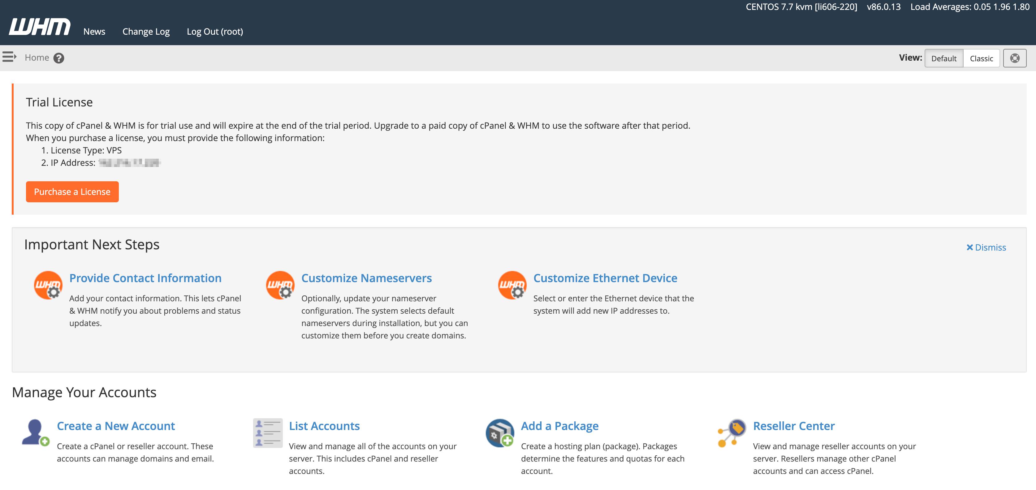cPanel home page cPanel home page