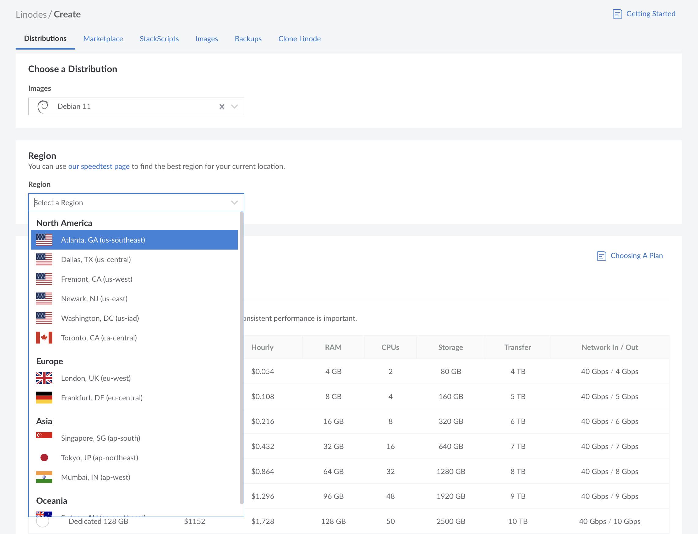 Linode Create form with regions menu opened Linode Create form with regions menu opened